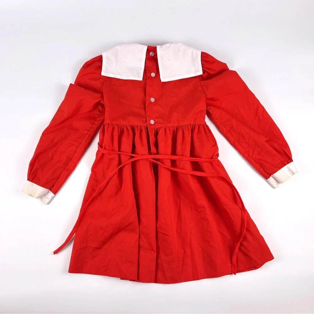 VTG Polly Flinders Embroidered Smocked Dress Sz 6 Red White School‎ Bus Charms
